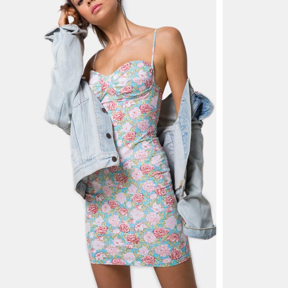 *Motel Alvina Bodycon Dress In Bloom Floral Blue Base NWT